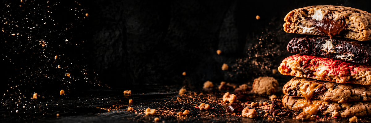 A stack of four chocolate chip cookies on the right side of a dark, dramatic background, with one cookie sliced open to reveal melted chocolate centers. Cocoa powder and cookie crumbs are scattered across the surface, with golden-brown crumbs and sparkles flying in the air on the left.