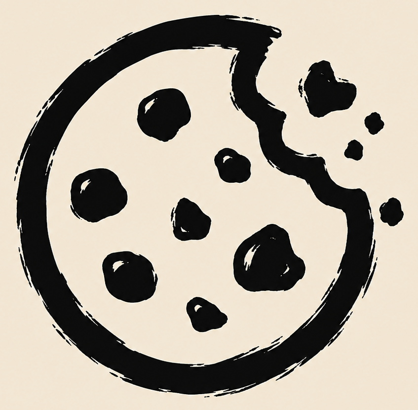 A minimalist black ink illustration of a partially eaten cookie with chocolate chips, centered on a solid beige background.